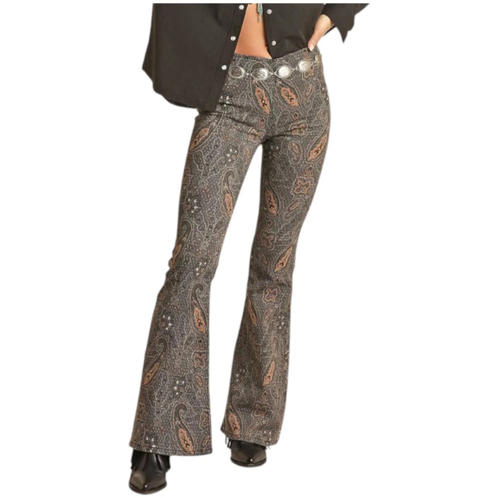 Rock and Roll Women's Cowgirl Paisley Pull-On Flare Black - Regular
